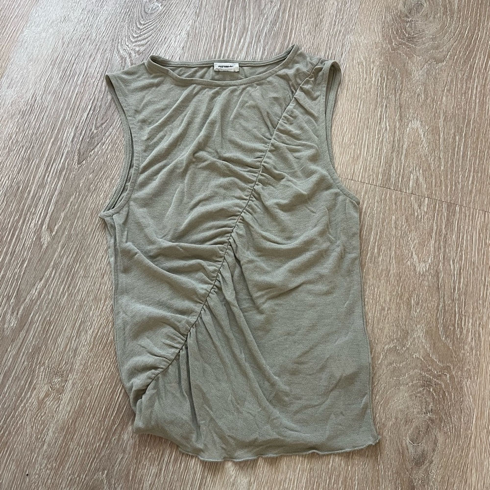 Cotton On Olive Sage Green Ruched Asymmetric High Neck Tank